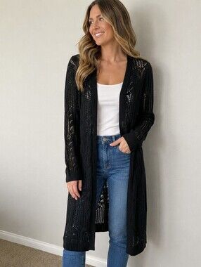 Greige Open Front Crochet Knit Boho Duster Cardigan Long Size Large Black
